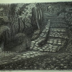 Stone stairs landscape - Graphite drawing on paper by José F. Esquivel | 2024 | English landscape drawing