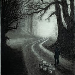 Silent Highway - Charcoal drawing on paper by José F. Esquivel | 2025 | Atmospheric charcoal drawing