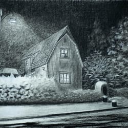 Night Visitor - Charcoal drawing on paper by José F. Esquivel | 2025 | Atmospheric charcoal drawing