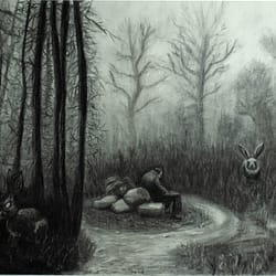 Forest Ritual - Charcoal drawing on paper by José F. Esquivel | 2024 | Psychological landscape