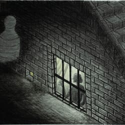 Basement Theater - Charcoal drawing on paper by José F. Esquivel | 2025 | Contemporary psychological realism