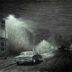 Night Street - Charcoal drawing on paper by José F. Esquivel | 2025 | Atmospheric charcoal drawing
