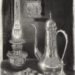 Russian Still Life with Lamp - Graphite drawing on paper by José F. Esquivel | 2023 | Russian academic drawing