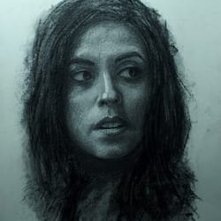 Girl looking sideways - Charcoal drawing on paper by José F. Esquivel | 2023 | Contemporary portrait drawing