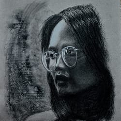Oriental Girl with Glasses - Charcoal drawing on paper by José F. Esquivel | 2023 | Contemporary portrait drawing