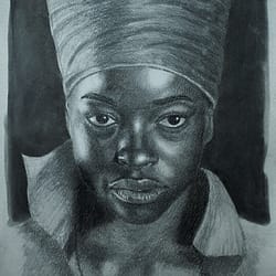 Black girl with turban - Charcoal drawing on paper by José F. Esquivel | 2023 | Contemporary portrait drawing